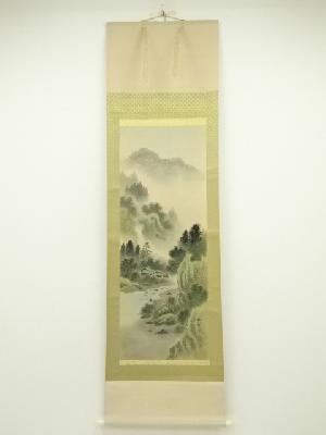 田中桂月筆　彩色山水　肉筆絹本掛軸（共箱）